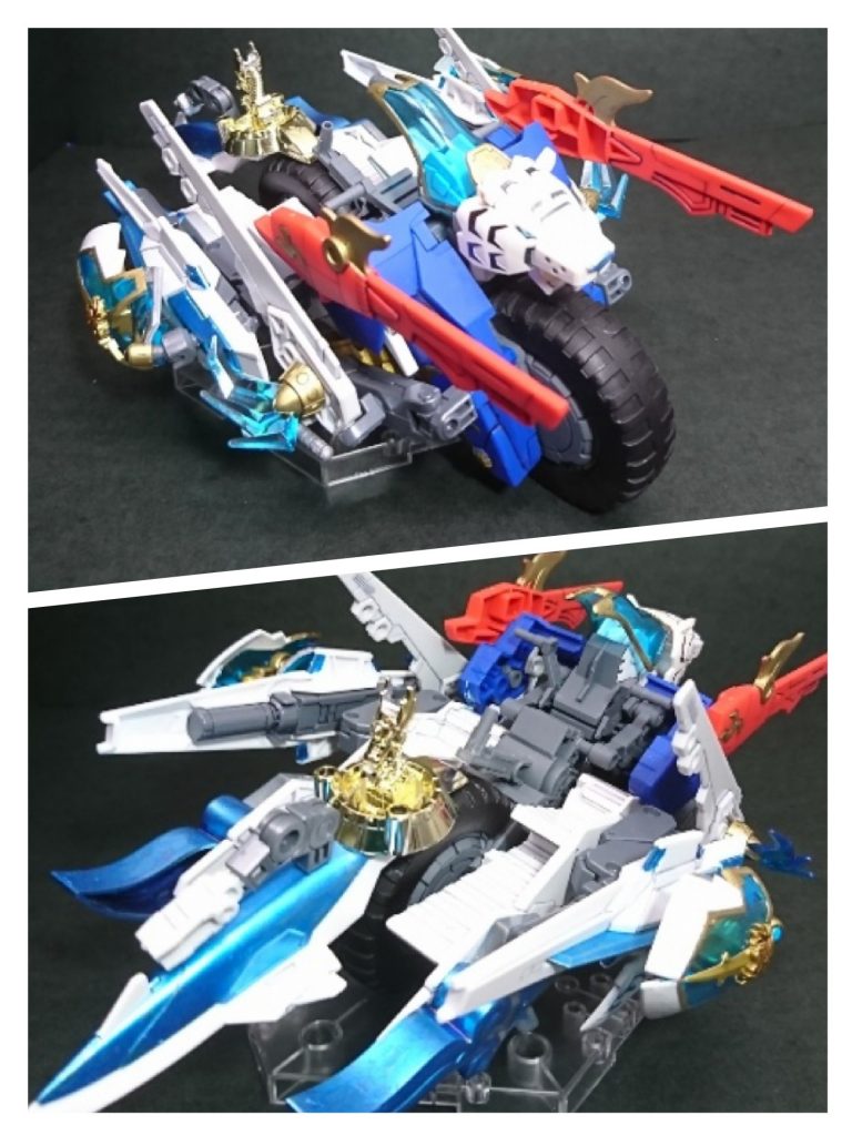 天玉鎧・弩虎。
メテオホッパーを2体使いバイク形態にして、天玉鎧のパーツとジーエンアルトロンの虎などをミキシングしました。