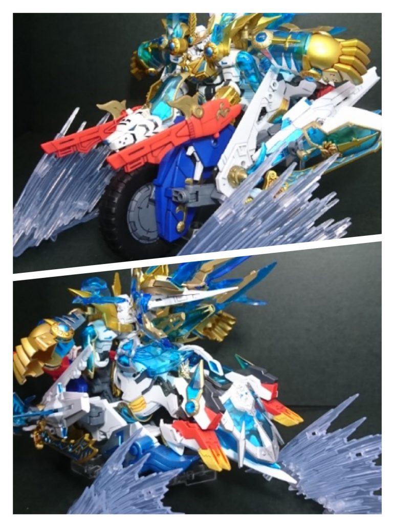 天玉鎧・弩虎に騎乗。
背中に機動力強化のためのGNバインダーをシアクアンタから移植してます。