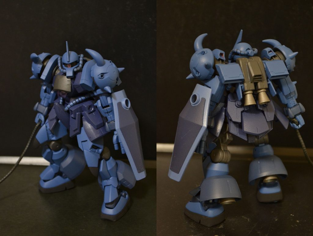 武装はヒートホーク、フィンガーバルカンなどグフと同様です。カラーリングは当時風に。シールドの縁が薄い空色なのは細かいこだわりです。