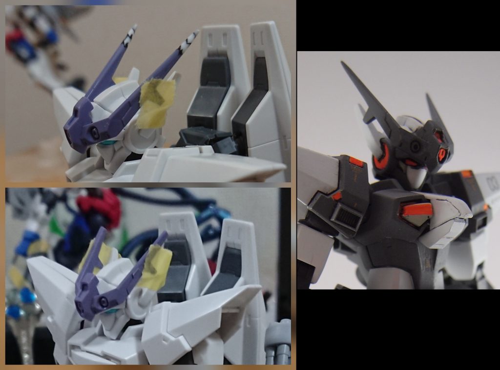 頭部過程
ジャイオーンのツノ(?)を頭部に移植。そのままだと少し物足りなかったのでプラバンで5mmほど延長してみました。頭頂部の隙間を埋めるためにエバーグリーンのプラ板を張り付けてます。