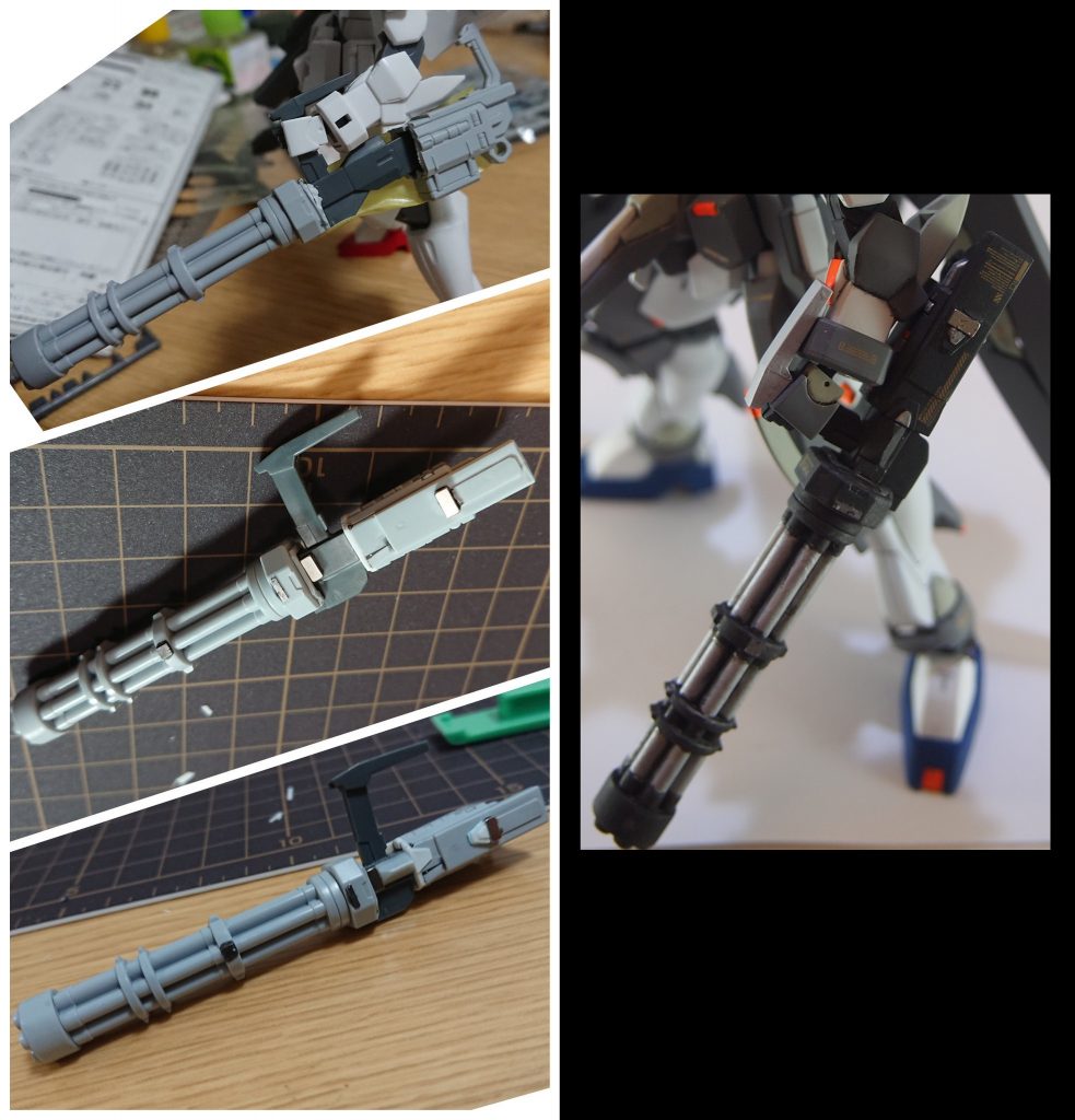 ドッズガトリング過程
キャンペーンでもらえるガトリングかっこいい！でもボリュームがちょっと物足りない！
てことで真ん中でぶった切ってAGE-1のドッズライフルのグリップを上下逆にして取り付け。プラ板で空洞をふさぎつつ、塗装してから組み立てられるようにしてみました。
ネオジム磁石と裏面がシールになってるメタルパーツを使用して銃身を折りたためるようにしてみたんですが、のっぺりしてて味気なかったので旧ガンスタさんにあった［夕夜さま](https://gumpla.jp/author/yuuya_gunpla) のHow to記事を参考にディティールアップ。御本家と比べると工作精度がうんこですねえ。
