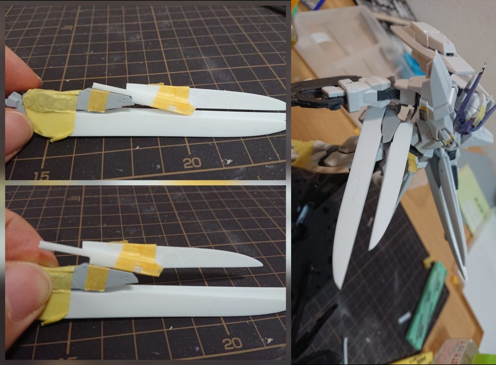 背部バインダー過程
ビルダーズパーツのMS強化ウイング01をプラ板で延長。ネオジム磁石使えば展開ギミック作れるんじゃないかな?と思いついて初心者がホイホイ手を出した結果、同じパーツを複数作る大変さを思い知らされました・・・。
1mmプラ板で外側を作ってプラ角材を挟み込んでます。展開した内側の部分はモールド掘ったりしてみましたがほとんど見えませんねえ。