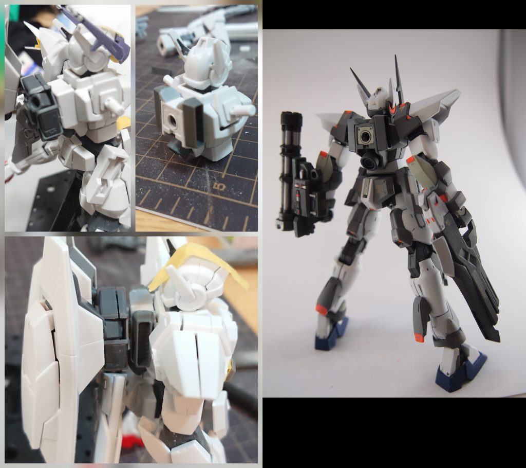 背部過程
バインダーの接続にスカルウェポンズを使用。本体との接続部分に段差ができてしまったのでM.S.Gシリーズのバーニアと三角プラ棒でなんちゃってディティールアップ。自然に見えてるといいなあ。