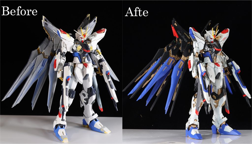 塗装前と塗装ごの比較画像です。改修したポイントなどもサフを吹く前の画像なのでわかりやすいかと思います。