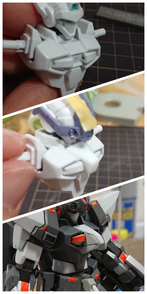 胸部過程
Gバウンサーの真一文字な胸部分を変えてみたくて真ん中でぶった切たものの特に何も思いつかず苦労しました。
真ん中の状態で完成のつもりだったんですが、塗装し終わって組み立てるときに鳩尾のひし形パーツがなくなってることに気付いて急遽作り直し。結果的にはいい感じに仕上がったと思い、たい・・・。