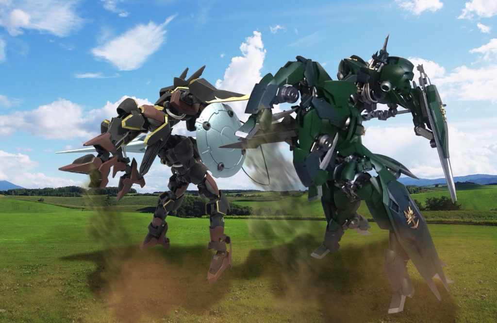 更にもう一枚。Maru-Irukaさん製作のヴァルキュリアフレーム、ロスヴァイセとの跳ね馬コラボ！もう感無量です。ガンプラ始めて約30年、今凄く楽しんでます(^^)