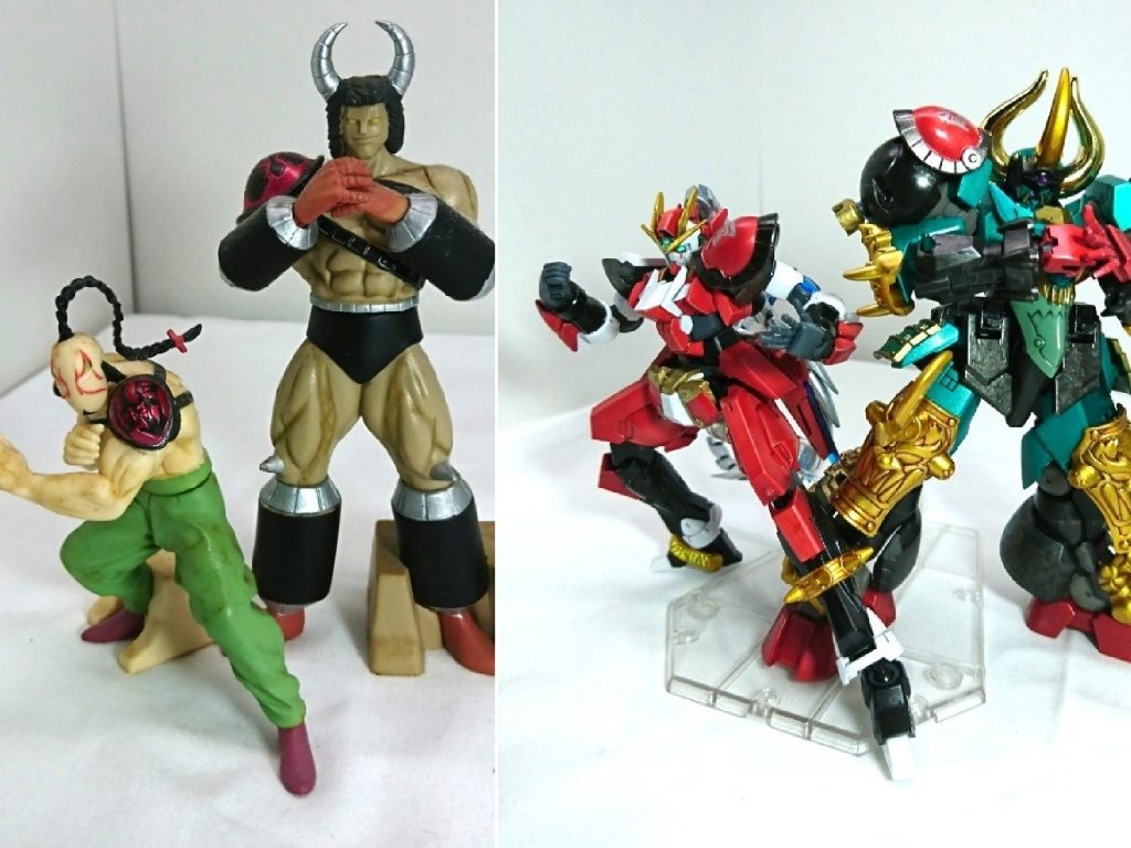 オリジナルの2000万パワーズとの比較。
関羽の腕と脚が黒くて手足が赤いのはバッファローマン、張飛の目の赤い隈取りや煌ギラーガを使用した弁髪と赤い脚はモンゴルマン(原作カラーは赤)をイメージしています。
肩当てとスタイルのおかげて、それっぽく見えてると自己満足f(^^;)