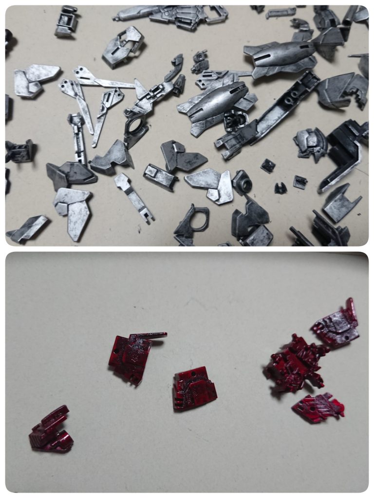 制作中その2
サイコフレームパーツを粗めのキャンディ塗装&全パーツドライブラシ塗装