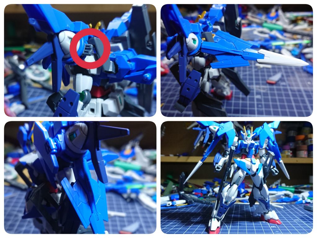 〜おまけ〜
製作途中にTwitterの方でも挙げさせて頂きましたが
なんと、GNドライヴにある武器をマウントさせるパーツにスーパーGNソードⅡの刀身を接続できるのです!(しかもかなり頑丈に)
シルエットがかなり変わりますので参考になれば幸いです。