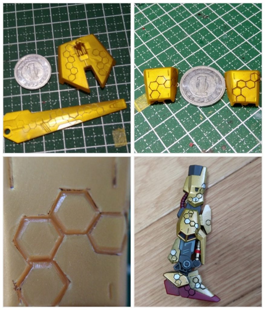 ハニカムパターンはエッジを落として立体的に彫り込んでいます。