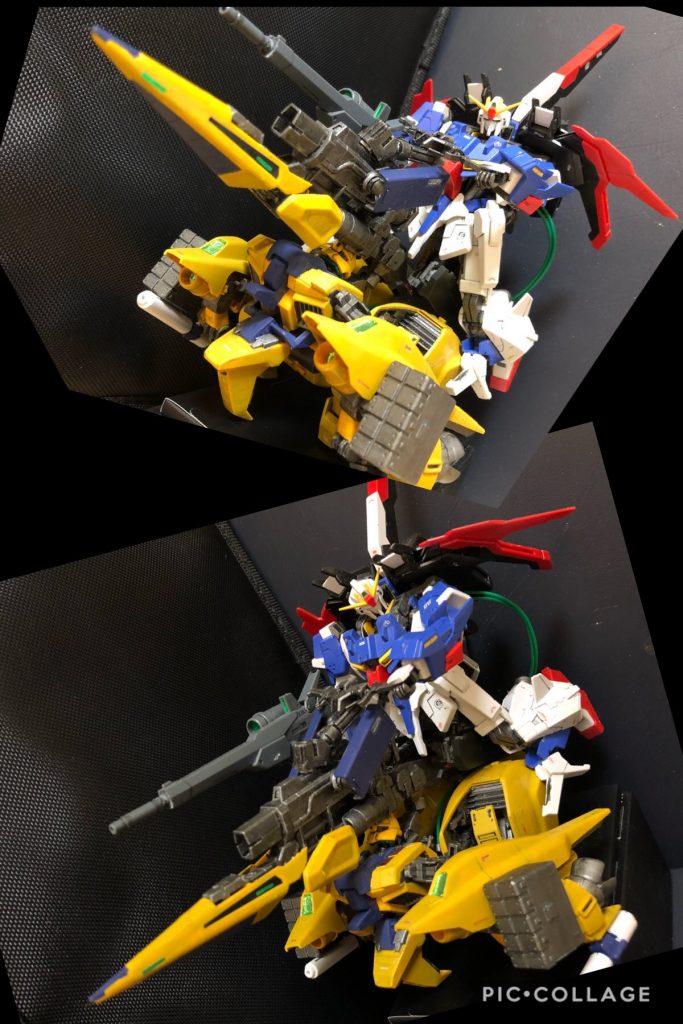 ・背部メガバズーカランチャー
本機の主砲となる兵装。
背面ユニットの内部に搭載された大型の兵装で、背面ユニット内に収納しきれていない為、外部から存在を確認できる。威力は百式のメガバズーカランチャーと同等となっており、直撃すればMSが3、4機程消滅させる威力を持ち、実はチームで最大の火力を隠し持つ。
ただし1発辺りのエネルギー消費の問題、また僚機への補給する為のエネルギーを確保する目的から基本的に連射は出来ない。が、非常時には僚機とエネルギー連結をする事で連射可能となるが、本来の本機の目的とは異なっている為、あくまで奥の手となる。
MS形態、MA形態での使用は出来ない。(リミッターを掛けてある)