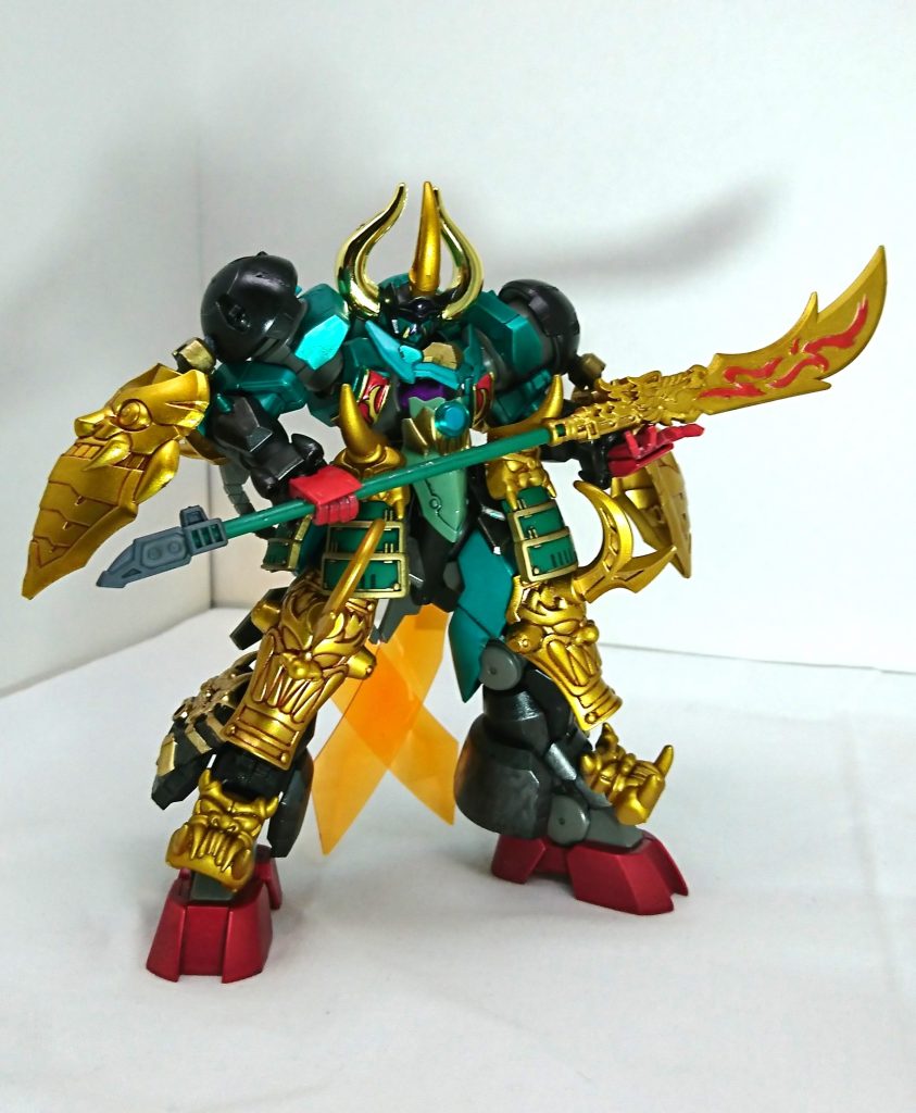 力の猛将 関羽ジンクス
フォース「百鬼」のオーガさんがGP-羅刹に機体を変えた時に、オーガ刃-Xを譲り受けた設定です。
BB戦士三国伝の関羽ガンダムの武器が鬼牙(オーガ)龍月刀なので、関羽をモデルにしました。
関羽・関平・周倉の鬼の鎧、頭の角は頑駄無摩亜屈を、あとは蚩尤ノイエジールを使用しています。