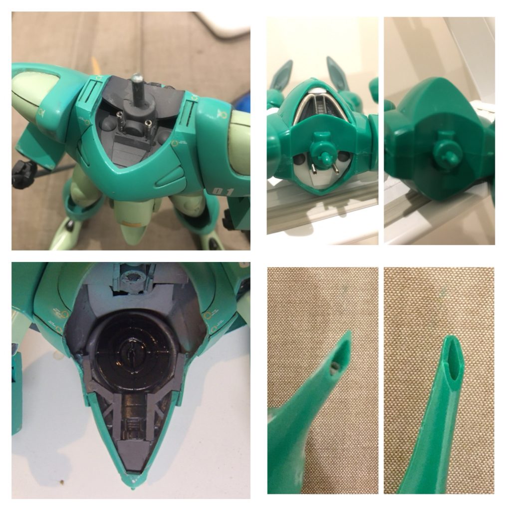 頭部
形状的に顔を上に向けるのは無理なので、せめて左右へは向けるように頬先端のシャープ化と襟と干渉する下側を削り込み
更に首側の軸を長めにして必要に応じて首を伸ばすことで、左右と下方向への可動範囲を改善しました
頭頂部をシャープ化&縁薄化とビームキャノン砲口を製作
特徴的な狐眼は赤メタルテープを細切りして再現、角度によって鋭い眼光が見えるのは堪りません！


胴体
22m級（ドライセン等）の大柄な機体を再現する為にコクピット上部を3.5mm延長
首元はキットだと見事に何もないので、大胆に切除してメカ部らしくディテールアップ
なぜかオミットされていた襟の両側面にあるビームサイス収納口のディテールを製作
脇腹ディテールを追加
背中のメインスラスターとその裏側も首と同じく何もないので、こちらも大幅にディテールアップ
スラスターとビームカッターに合わせてエンジンやジェネレーターっぽい意匠にしています