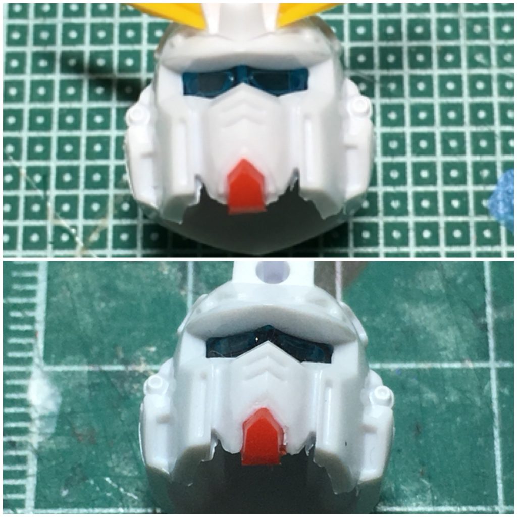 　頭部は合わせ目消しとスジ彫りの彫り直し、バルカンの開口、そしてアゴの加工を行いました。特徴的な二重アゴだったのが気に食わなかったので、アゴとマスクの間にある段差を彫刻刀で削り、段差を消してよくあるガンダム顔にしています。