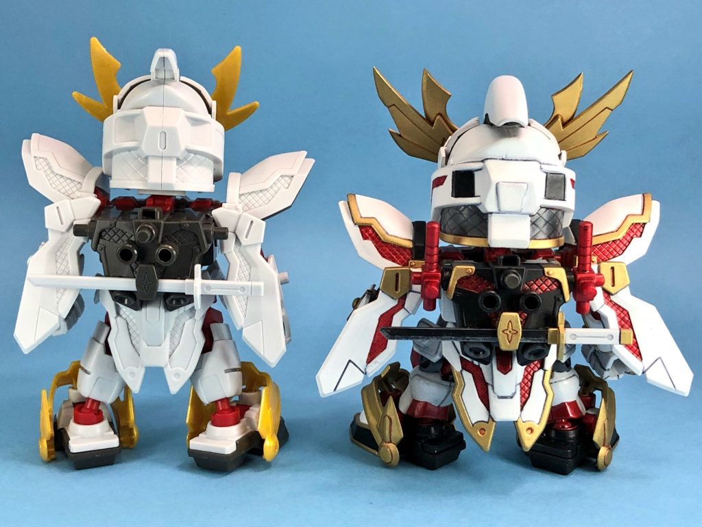 本体は、全体の印象をアニメに近づける為、体型変更と頭部の大型化を行っている。頭部はLEBB武者飛駆鳥、脚部はCSガンダムのものを使用。設定よりも金色の部分を増やし、パワーアップ感を出してみた。