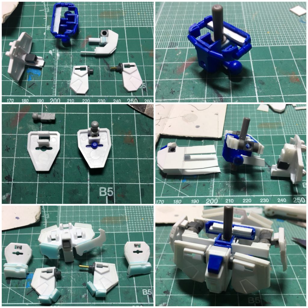 1：腰は各スカートアーマーが胴体に密着しているといっていいほどでした。フンドシとリアアーマーをそれぞれ6mmずつ前後にオフセット。フンドシは元々腰にあった3mm軸を切除しランナーで作り直します。同時にフンドシ側から生えるようにしています。
　特にリアアーマーは上部の突起が背中と密着して回らない原因になっていたため、後ろにもオフセットしなければならない状態でした。
　
2：腰を前後で接着。1.5mmシンチュウ線を通してプラサポの5mm軸を接着。

3：サイドはビルダーズパーツHDの「MSハンド01(ジオン用)」で余る3mm径・角度付きのボールジョイントを切削して取り付けます。

4：フンドシはフロントアーマーの可動軸追加に伴い、HGBC系の四角い筒型のジョイントを接着。股関節は後述の太もも改造に伴い隙間が出来る＆ぐらついて安定しないので0.75mmプラ板を切り出して、股関節軸を間に挟むようにレール状にしてリアスカートも挟むようにしています。
　リアアーマーはHGBC系に付属のジョイントを使用。こちらも3mm径で接続なので、少し調整すれば問題なく使用可能です。上部はプラ板の積層で隙間を埋めます。


5：そのままではスカートが短くてバランスが悪いのでプラ板を貼り大型化しました。
フロント→上部1.2mm、側面3.6mm、下3mm
サイド→左右の3面で2.4mmずつ、下4mm
リア→下3mm、左右2.4mm、上部2mm(ここだけL字型プラ材使用)　という感じです。

6：腰関節は0.75mmプラ板を前後に貼り、その間にプラ板を貼って5mmの積層を作ります。ここはすり合わせを重ねてプラサポとジャンクのポリキャップで可動軸を作ります。股下にはプラサポをそのまま接着し、アクションベース対応の穴を設けました。

　ちなみに塗装中に左の股関節が折れてハラハラしながらシンチュウ線でつなぎ、プラセメントをたっぷり塗って接着しました。流石に血の気が引いて言葉も出ませんでした(苦笑)