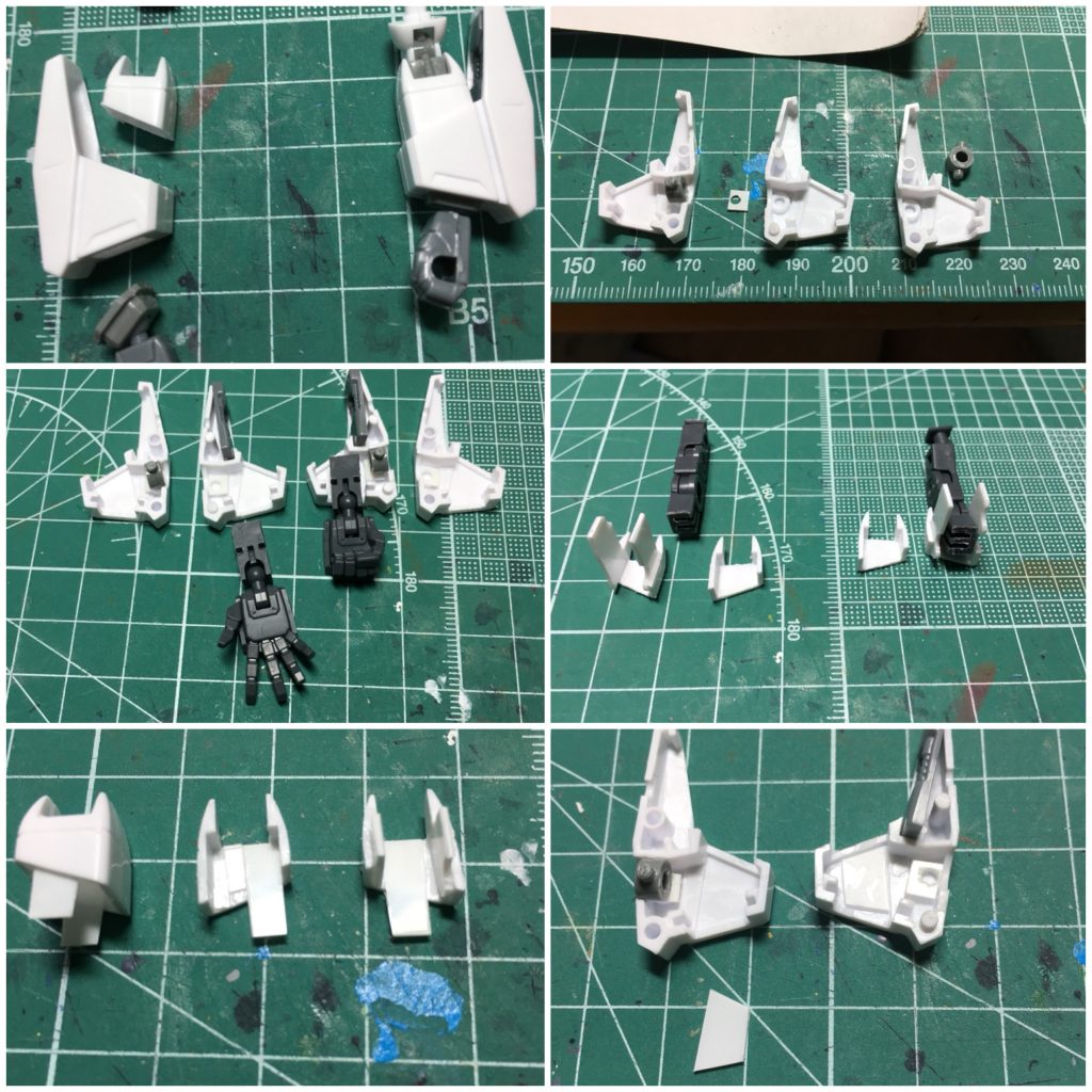 1：肘を二重関節化させるために段差部分で上下に切り離します。

2：前腕ハードポイント内のポリキャップは回転してしまい装着に支障が出るので、2mm穴を開口した0.5mmプラ板で隙間を埋めています。ポリキャップ自体と前腕の間に隙間があるのでこれを埋めてやります。

3：手首は「次元ビルドナックルズ 角(L)」やシステムウェポン付属のものに交換。キットのままでは4mm径のポリキャップなので接続出来ません。そこで、ウイングガンダムゼロ炎で余るウイングゼロの手首関節を使用。肘の回転軸は切り取って前述のフロントアーマー接続に用いました。

4：ボールデンアームアームズ付属の関節で、軸を切り取って上腕関節用に移植。切り取った部分にゼロの手首関節を接続、1本のフレームにしました。

5：切り取った肘近辺のパーツを接着。前腕との接続のために、0.5mmプラ板を貼り接着のガイドにします。

6：貫通したフレームを通すため、内部のかさ上げをします。2mmのプラ板積層で大まかにかさ上げし、その後は0.5mmプラ板で適宜調整。手首付近にL字型プラ材を貼って狭めています。

　塗装後にホイルシールの余銀を2mm幅に切り出して肘関節、四肢のハードポイントカバーに貼り、アクセントとしています。