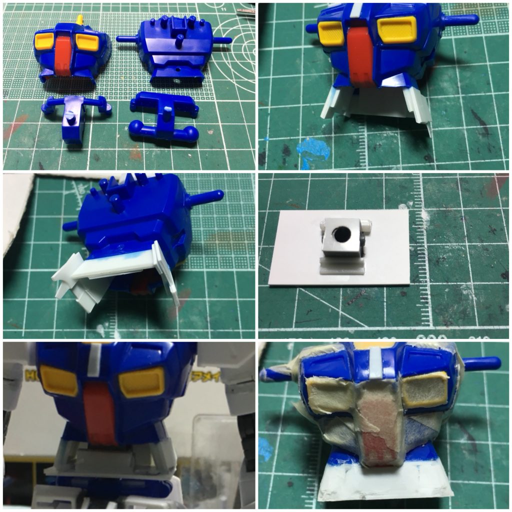 　最大の難所だった腰の可動化工作！

1：キットのままでは腰が回らず固定されているので、スカートを取り付けるための空洞部分を一周するようにして上下に切断。

2＆3：腹部は前後で接着してから、腰背部の裏から0.75mm、繋げるように1.2mmプラ板を貼ります。腰の左右は裏から1.2mm、表からさらに貼りますが、前方は1.2mm、後方は0.75mmを貼っています。前後で肉厚が違うためにこうなりました。こうして胴体を7mm延長しました。お腹の前のみ、腰の回転軸の位置合わせのためふさがないまま放置。


4～6：回転軸はウェーブのプラサポとジャンクのポリキャップを組み合わせ、0.75mmプラ板を四角くくりぬいたところにはめ込みます。L字型プラ材でプラサポを補強し接着固定、腰関節に設置したプラサポ付属の5mm軸と位置合わせして、シャーペンで腰の形状をなぞります。それに合わせて接着固定しますが、右側に軸がずれてしまいました。最後はお腹の前をふさぎました。