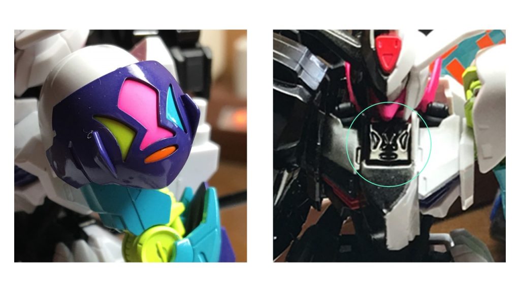 今回の作品では鉄血のオルフェンズとの関連性はないため、鉄華団のエンブレムは、
胸部 → 黒一色で周囲の色と同化
左肩 → 塗分けにより抽象的な模様に
(   。 ̄v ̄。)ノ 特に左肩の塗分けは、キットの素晴らしいパーツ分割構成の賜物ですね。