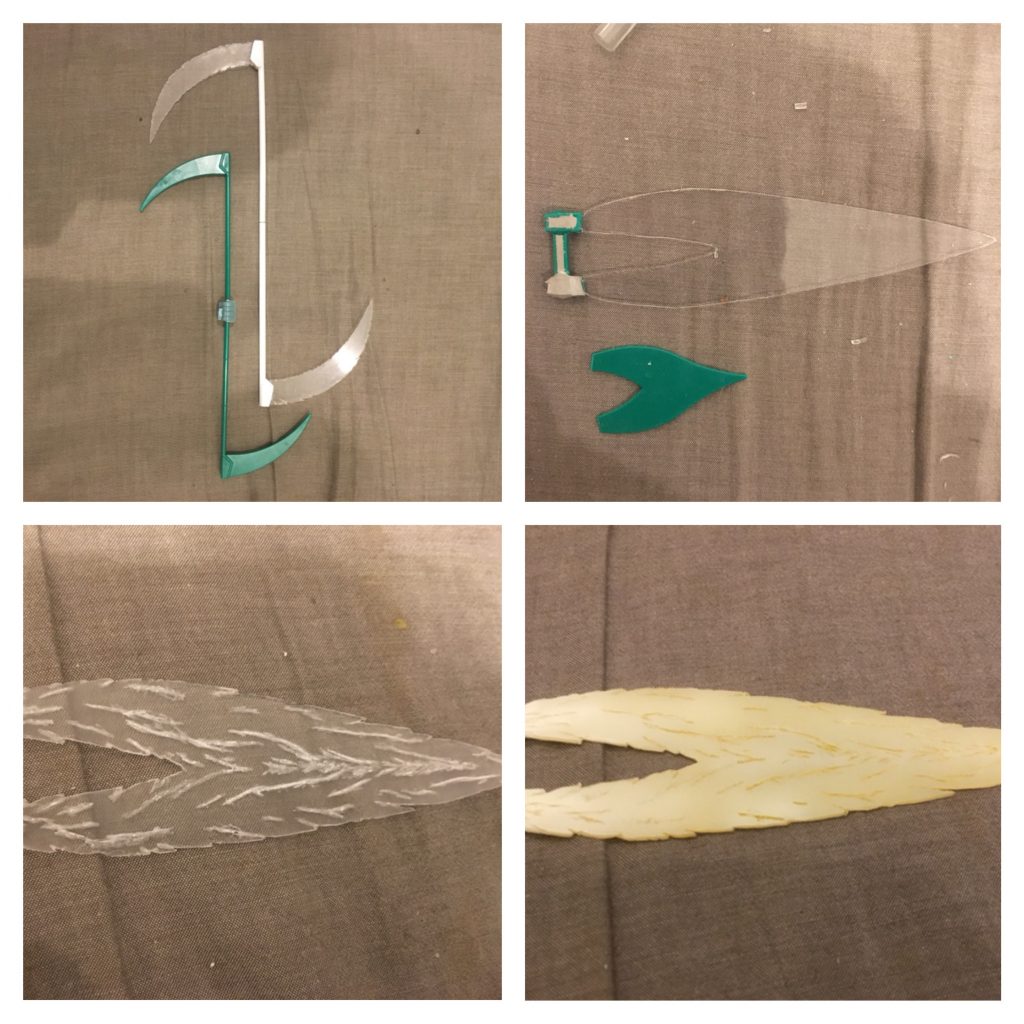 脚部
可動範囲を優先して可変機構をオミットし、膝関節をアームアームズで新造
設定画を参考に力強さと頭頂部からの綺麗な三角形を作るために、大腿部と脹脛外側をボリュームアップ
脛のコブは合わせ目消しで邪魔になるので切除してから少し大きくして再度製作
足首はディテールアップと関節技を追加して二重関節化、前後左右共に圧倒的な可動範囲に
足裏の穴埋め&ディテールアップ

武装
本体と同じくらい変貌した武装
ビームサイスは一回り大型化してフルスクラッチ、一応設定通りに二分割出来るようにしました
ビームカタールも約半分スクラッチ
ビーム刃は両方とも劇中の力強い造形を目指して1mm塩ビ板から自作しました