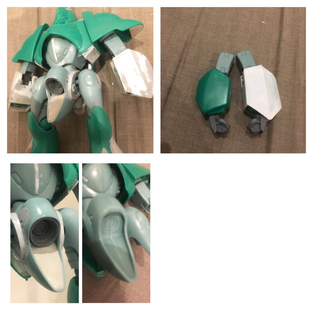 肩腕部
肩の位置を下へ下げて脇腹のラインと繋がるように変更し、美しいアウトラインにさせています
肩関節は関節技ボールジョイントに変更
肘関節はジム3とアームアームズの関節を流用し可動範囲を拡大
前腕はキットではかなり小さいので設定画並に大型化、袖口のメインスラスターと側面のビームカッター発振口もディテールアップ
拳はビルドナックルを使用

腰部
胴体側と腰で両断し、新たに腰関節を追加
前後のメインスラスターは大穴を開けてからMGゲルググ2.0の脚バーニアを埋めてディテールアップ、背後側のスラスターは奥にスタンド取り付け口を製作しました
プラモ感のあるスラスター周りの分厚い装甲は縁を削り込んでシャープ化
股関節は軸が見えるのが嫌だったので、設定画を参考に僅かな裾を製作
この内側もメカっぽくしています