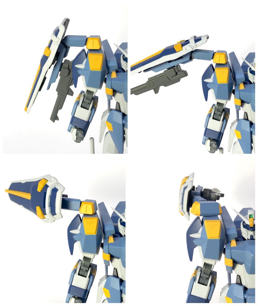 今回、HGで1番気になっていた右肩のアームを大きく改造しました。
可動軸を2ヶ所追加し、フレキシブルに動くようになってます。