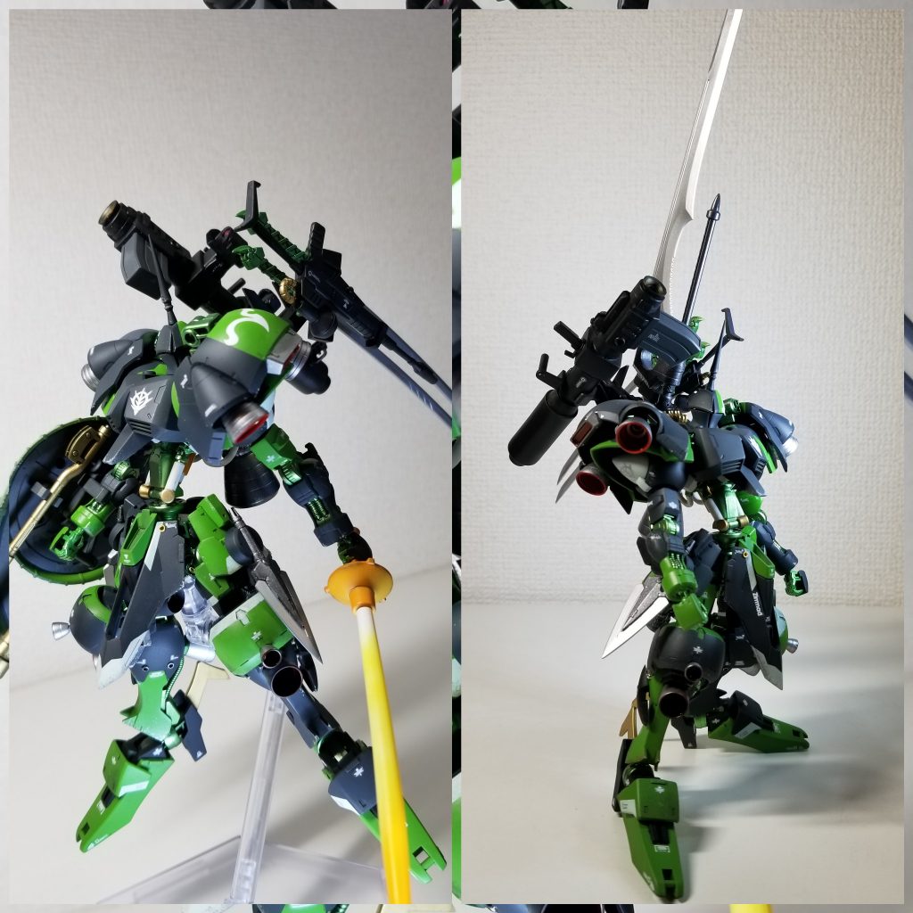 各種武装については、基本的にはバックパックにマウント出来るようにしています。
《バックパック部分の装備品》
グランドスラム、実体剣2振り、ゲルググのビームライフル(統合整備計画で共有化された設定です)、ロケットランチャー
《シールド裏の装備品》
ビームサーベル2振り(たぶん、通常のビームサーベルとは向きが逆になっていると思いますが、持ち手が手先側に有った方が直ぐに抜刀出来るかな、と解釈し、逆に付けてみました。グフのシールドと同じ方向ですね)1本は通常のギャンのもの。もう1本はギラズールのビームアックスを加工してみました。ギャンのビームサーベルについては、初めてグラデーション塗装に挑戦してみました。