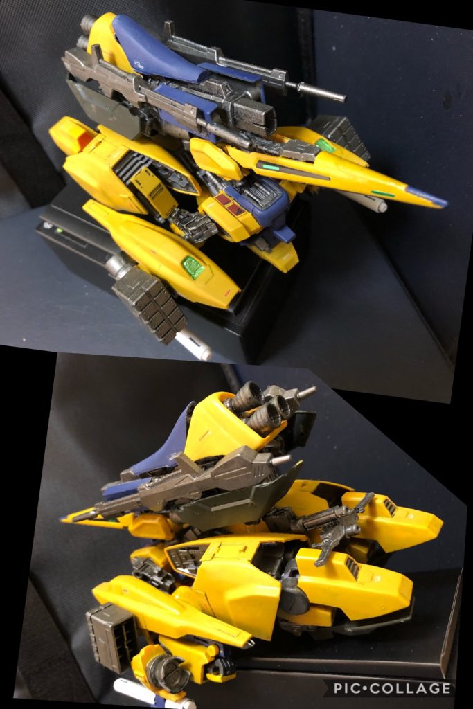 MA形態
頭部を背部ユニットに収納して腕部と脚部を折り畳むことでMA形態をとる。オリジナルと違い、脚部と腕部の連結はしない。前述したが、MA形態が本機の本来の形態である為、加速・運動性能は申し分なく、宇宙戦用戦闘機として高い性能を示す。