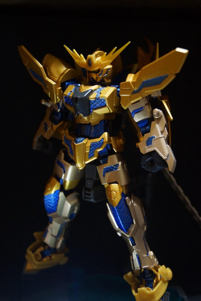 正面です。リアル形態ツノは、HGフェネクス(GFT)の余りから。八鳥のパーツであるリアル形態用パーツも色味変えています。