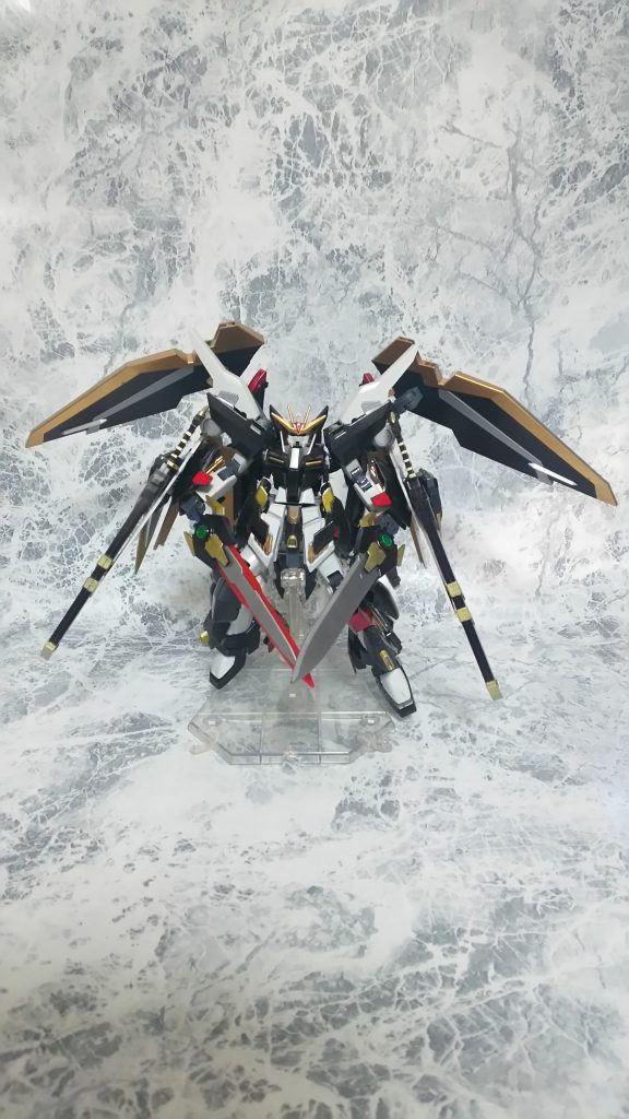 フロントショット。
主武装は一対の大剣で、熔剣・硬剣と称される。
背部の翼とは別、左右肩口から伸びる翼膜・三枚羽はシールドを兼ねた補助翼。