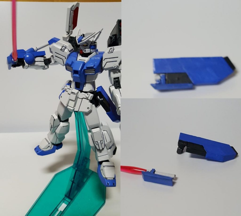 左腰のパーツは交換
新しく「ハイパービームサーベル」として作成したものを取り付けてます