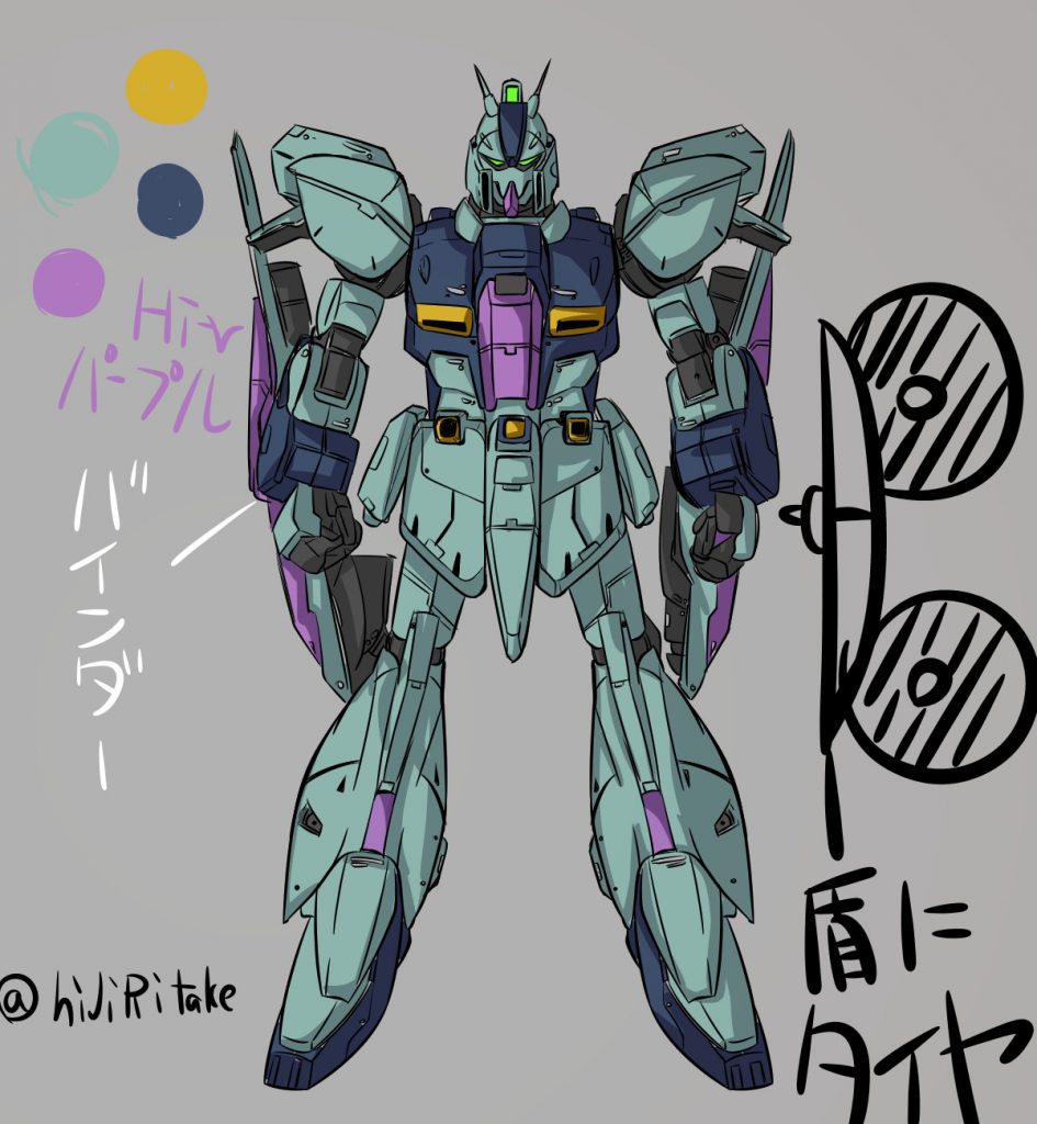 制作前設計図
最初は赤をHi-νパープルに塗装する予定だけだったけど前作のスタークジェガンは宇宙戦仕様。
だから今回は地上に目を当てて作ってみたいと思った。
そうなったら盾にタイヤがついた。