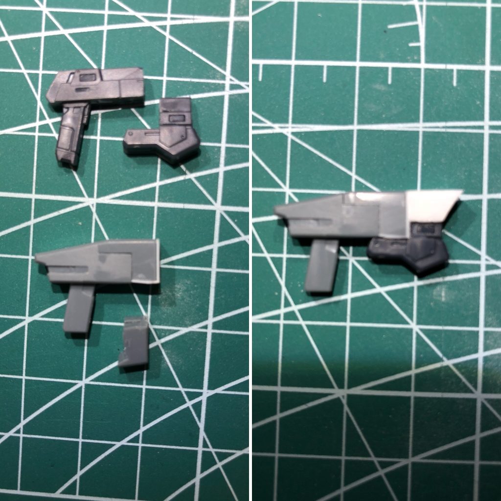 ドッズライフルショーティー製作場面。アンカーショット+ GNピストル+プラ板で出来ています。銃口はメタルパーツ。