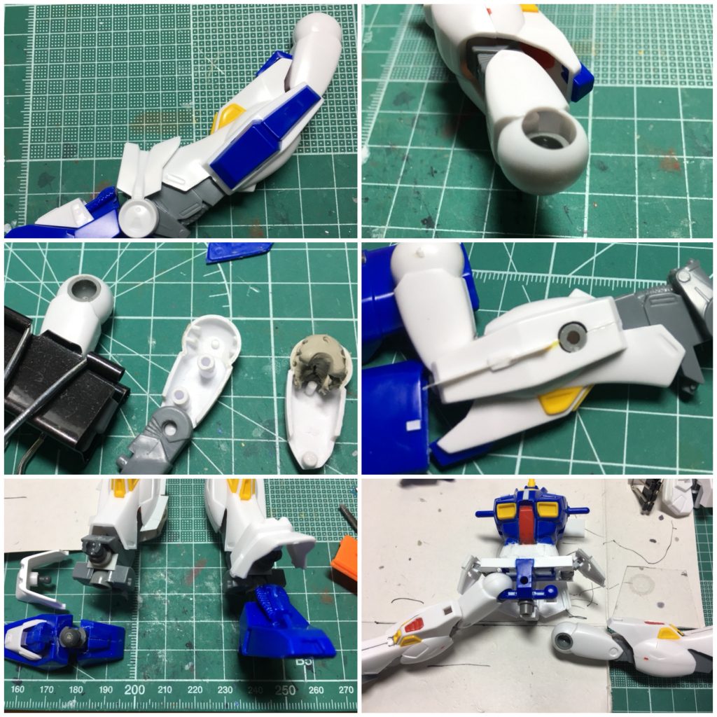 2＆3、6：太ももはご覧の通りポリキャップが奥まりすぎています。[アルトロンガンダム](https://gumpla.jp/hg/32356)でお見せした、周囲をリーマーなどで削って足を広げやすくするというのが通用するか不安だったので、エポキシパテで穴のギリギリのところにポリキャップを固定。膝関節(合わせ目消し済)は後ハメ加工が難しいのでそのまま組みこんで太ももを接着。

4：個体差ですが、そのままだとスネは隙間が空いてしまったので0.3mmプラ板を挟みこんで合わせ目を消します。


5：足首はストライクノワールの肩関節でダブルボールに。アンクルアーマーもボールデンアームアームズ付属の2mmボールジョイントを使用。プラ板とプラサポで足首アーマーを装着します。ボール側の3mm軸をアーマー側に差し、受け側はプラサポに差しています。