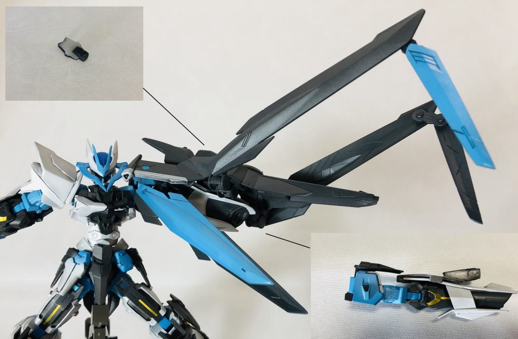 ネイルモード時は、ライフルモード用のパーツを使い回し、上の写真のように自作のジョイントパーツで接続、さらにネオジムで固定するなど徹底しました。様々な作例を見てると、ビームサーベルの差込口を犠牲にするパターンが多かったので、ビームサーベルも展開できるように設計しました。