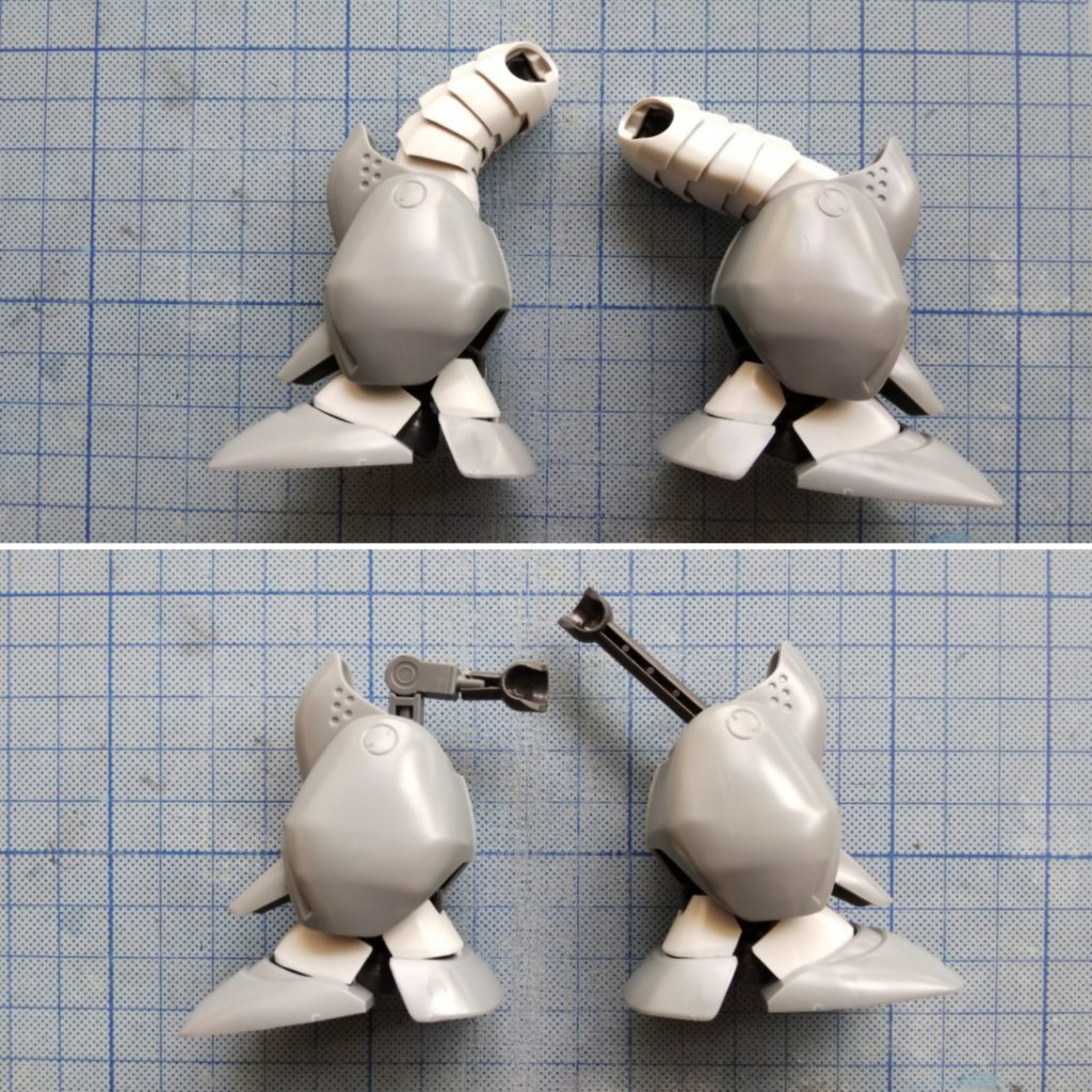 脚はこんな感じです。実際は関節の方向は前後ではなく左右にして、ズゴックらしい「ガニ股」を再現しました。