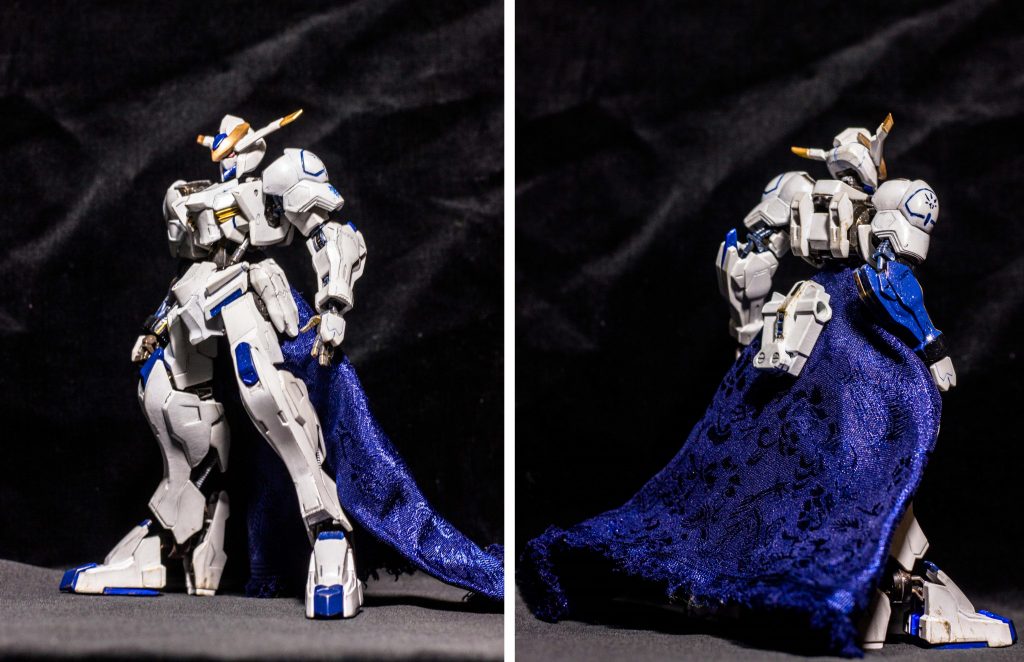 フロントとリア。
肩アーマーにバルバトスのものを転用した以外はほぼイメージ通りだったので
パーツ構成は替えていません。
顔周りが気になったので幾分か削りこんで鋭さを出し、マスクやアンテナも角を立ててイケメンにしています