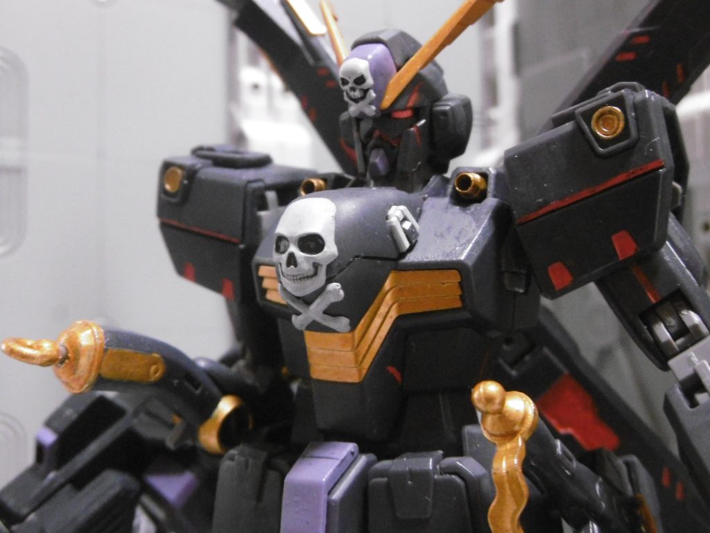 顔の傷は赤に。髑髏は明灰白色にしていますが、
写真では分かり難いですね。
このキットでは設定と違い、コア・ファイターが流用されています。
