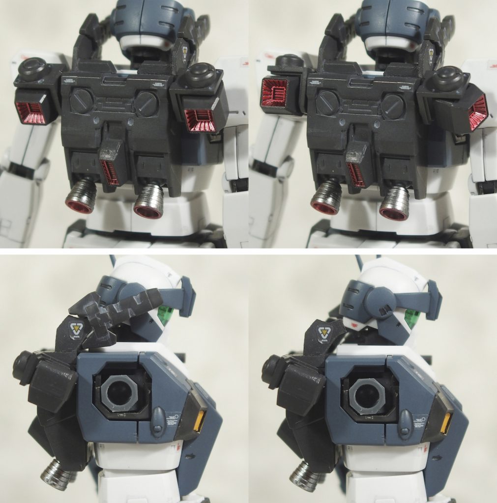 ◆バックパックの増加スラスター
左右に可動スラスター、センターに1基固定スラスターを増設。
増設によって得た大推力を活かした突撃を得意とする。
  市販スラスターとMSGジョイントセットBの可動用パーツを使用。
◆ビームダガーをバックパック上部にマウント。
  基部はランナータグで自作。