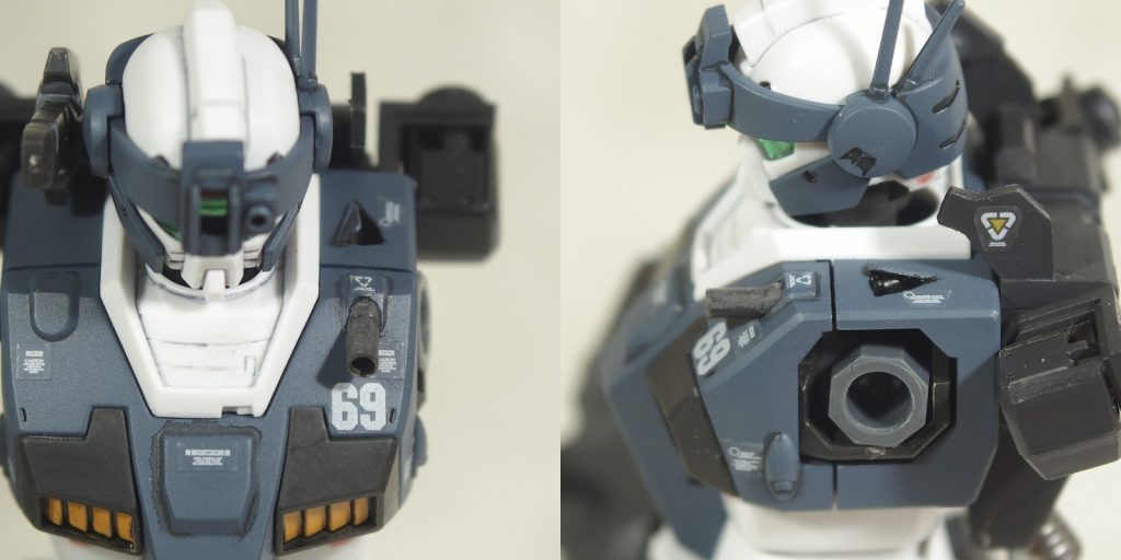 ◆200mm機関砲を左胸上部のアタッチメントに搭載。
白兵戦時に敵機の胴体などに超至近距離から大口径重量弾を撃ち込み、撃破する。
使用弾薬は[ハイボールのアサルトパック](https://gumpla.jp/hg/58521)と共通。

　　ランナーで砲身を作成。
　　上部の三角形の穴はエジェクションポートのつもり。
　
　