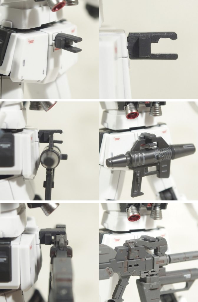 ◆腰の後部にウェポンラック
  ランナータグで作成。
  ちょっと複雑な形なのはサイズの違う2種の武器をマウントするため。
奥の形状はビームスプレーガン用、手前の形状はアサルトライフル用。