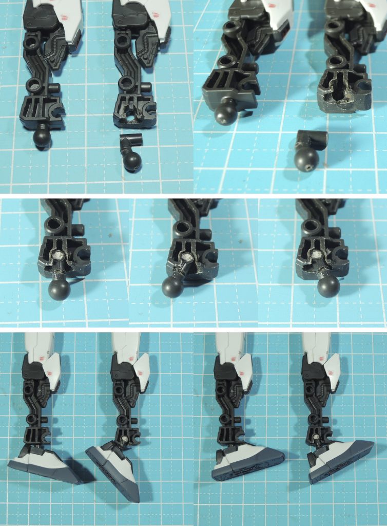 ①足首の前後可動を改善するために
足首軸を切り離し、3mm強の太さのランナーと組み合わせます。
そしてそれが入る3mm穴を左右にずど〜んと貫通、
さらに穴をなんかこう適当にリューターで広げます。
足首軸がちゃんと填まるまで調整して、
前後に可動するように更に調整してやります。
足首が後ろに動くと飛行姿勢が様になりますね。