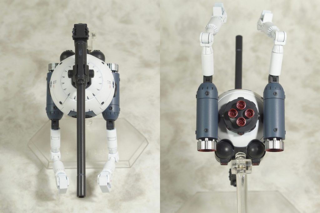 発端は「なんでボールのメインスラスターは下向いてるの?」っていう疑問です。
それが自分の中でどうしても納得出来ないので
メインスラスターをちょこっといじって場所も変えて後ろ向きに装着しました。
これで前に進めるぜ!!
ついでに元のメインスラスターがついてたバックパックっぽいユニットにも
後ろ向きのスラスターを増設。高推力っぽくしました。
姿勢制御スラスターは0.3mmプラ板をφ2mmポンチで打ち抜いたものに
すり鉢状の加工をして各所に貼り付けました。
本体に8基、腕付け根に左右それぞれ6基ずつ。
腕の付け根は球体を切り取って穴開けて、
そこにMSGジョイントセットAの関節を取り付けました。