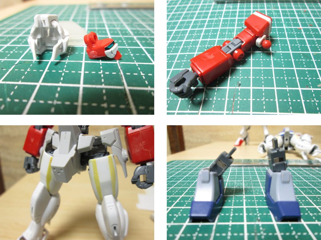 ・頭部は塗装後に後ハメ可能なように加工
・肩ボールジョイントの位置を下げ、プロポーションの修正
・上半身の角ばったパーツに合わせ、太ももの形状をパテにて変更
・足部に採用したディナイアルガンダムのパーツを可動範囲向上のために加工