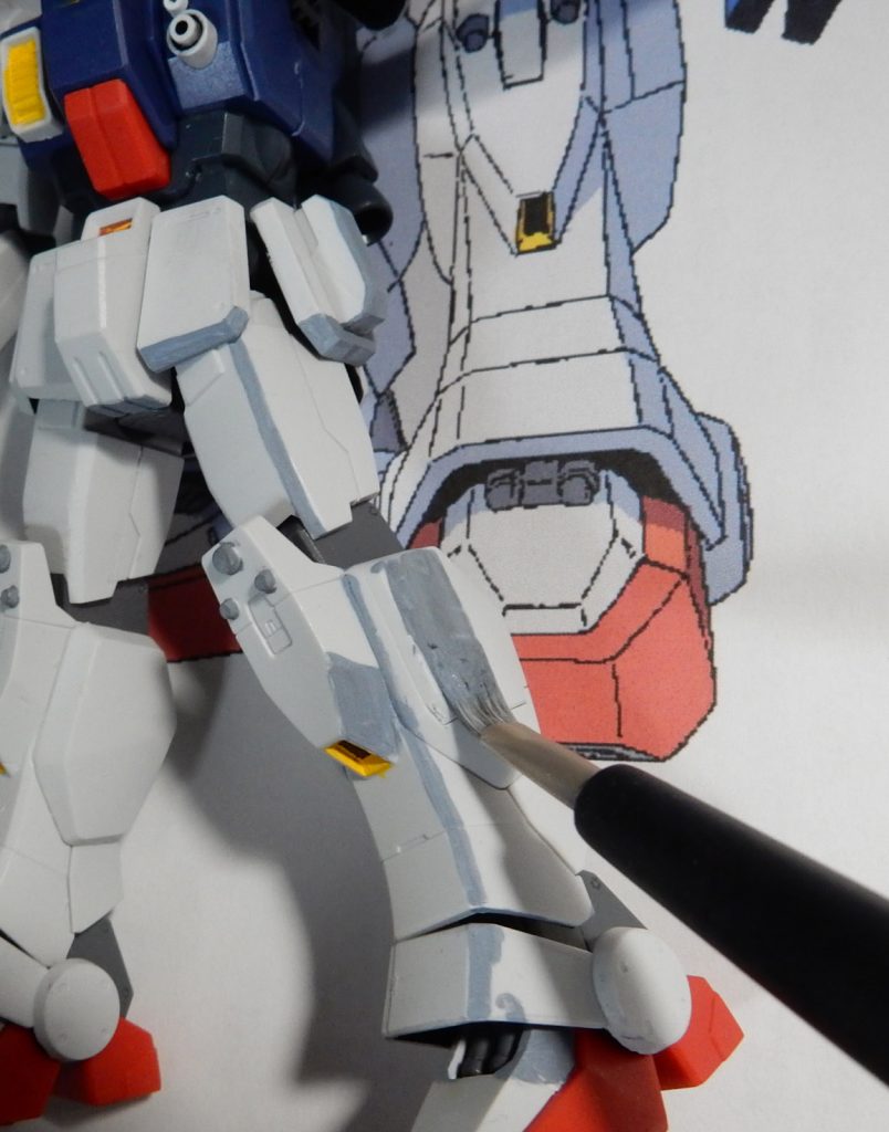 ここから本番!資料の設定画を見ながら影を入れていきます。
影色を作るのが難しいと思うんですが、ベース色から少し黒と、若干青や紫を混ぜておくと影色っぽくなる気がします。