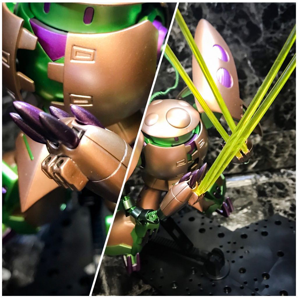 武装［ヴェノムネイル/ビームサーベル］


腕のリーチが特徴的なので、物理・ビームどちらにも対応できるよう２種類の武器を装備してみました。

紫の特殊装甲は毒をイメージして、敵装甲貫通時に相手の機器連絡系に干渉できる物理武装の１つに

手の甲にあるビーム発生装置は、作中でカプルにハンドガンが装備されていたのでそれを参考にして、ビームガン/ビームサーベル両方を使い分けられる物に