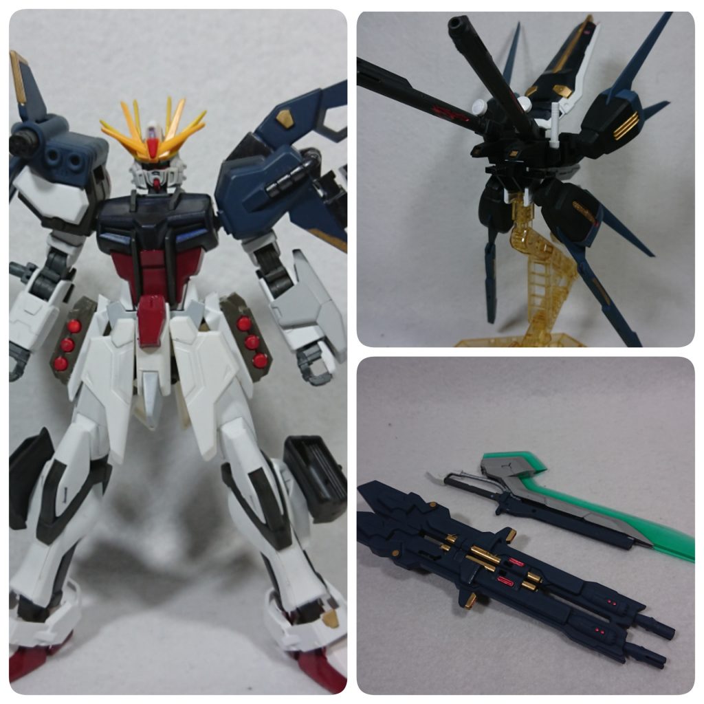 まずストライク本体、バックパックのフリューゲルストライカー、武装のツインカグツチ、シュベルトバスターエッジ
名前の由来や詳細な設定(妄想)は後述で紹介させて頂きます。