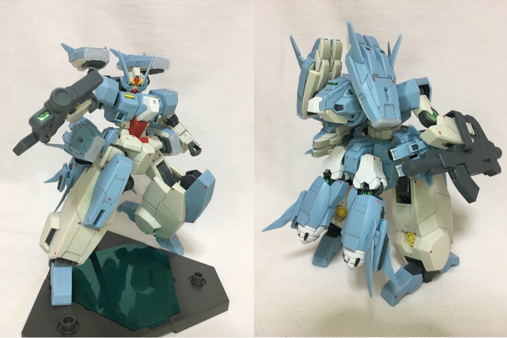 プトレマイオスアームズ・ジンモード。
プロポーションはキットのまま、今回は成型色つや消し仕上げで装甲裏等のグレー部分だけ塗装しています。
GNフィジカルバズーカのセンサーもラピーテープとジェルクリアで。
脚部前面等、面積の広い箇所にスジ彫りを追加。