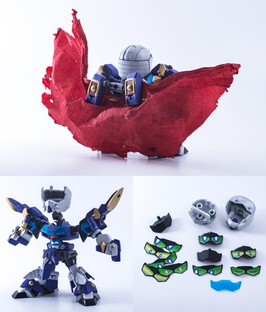 マントは水で溶いたボンドを染み込ませたティッシュに針金を仕込んで塗装したもの。
目はPCで作った物をやや厚めの紙に印刷し目の上の隙間に差し込んで固定。正面向きのようによく使う目はパーツに貼り付けています。
関節は市販のパーツを使って引き出せるように。