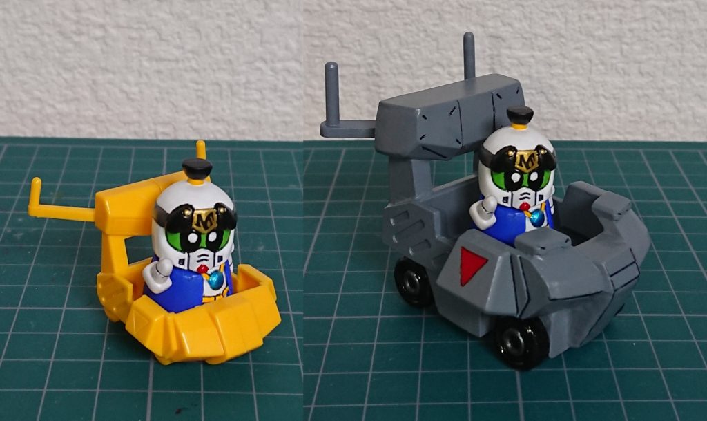 旧キットのチョバム乳母車との比較。 乳母車はかなり大きくなり、コロ走行が可能に♪ 荒五郎は頭と手足を切り離して可動化♪